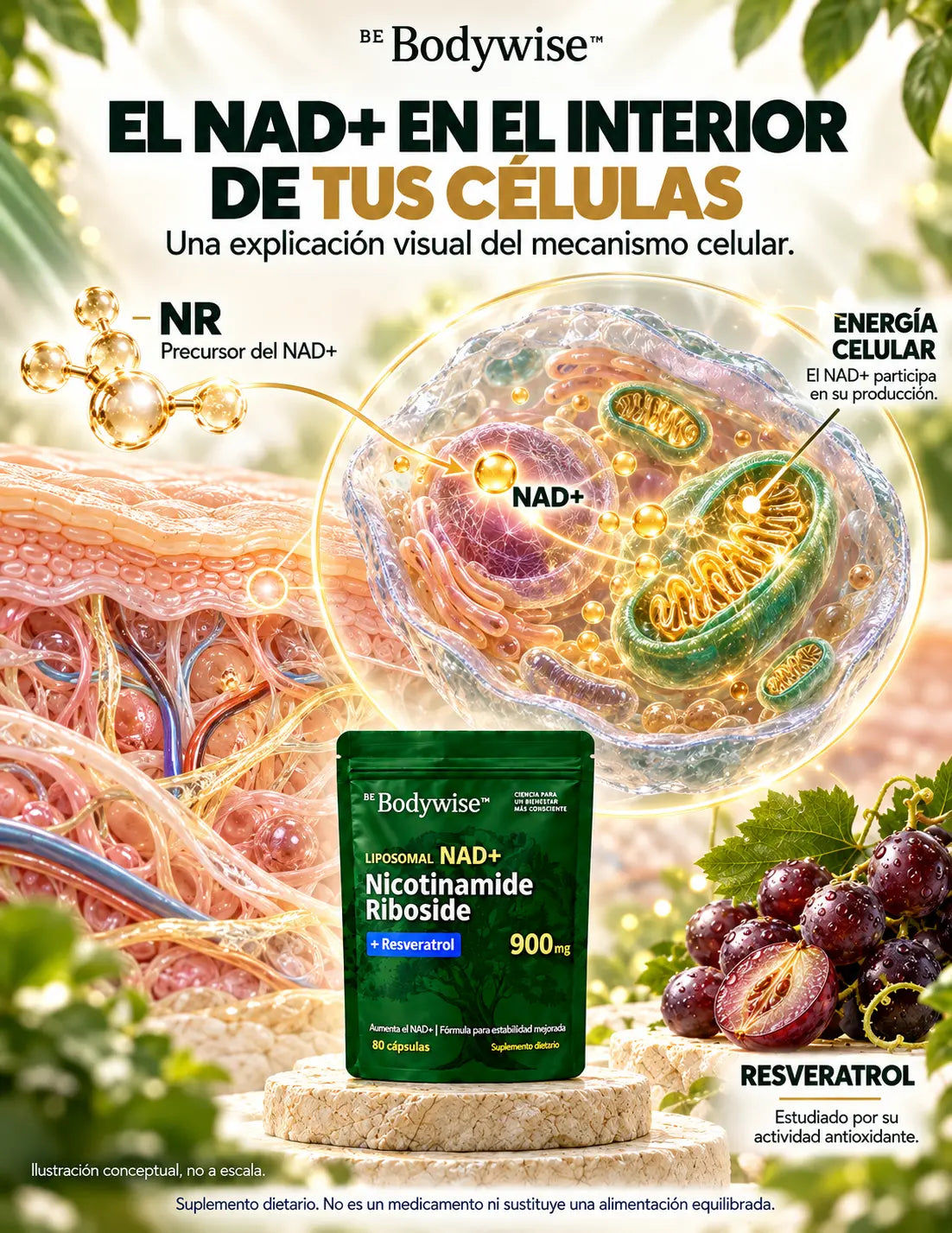 El NR es precursor del NAD+ y el resveratrol aporta actividad antioxidante